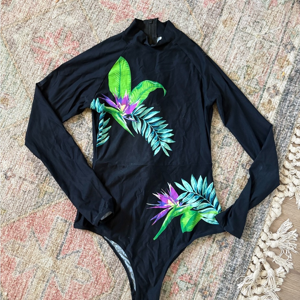 Rip Curl Black Long-Sleeve One-Piece with Green and Purple Tropical Print